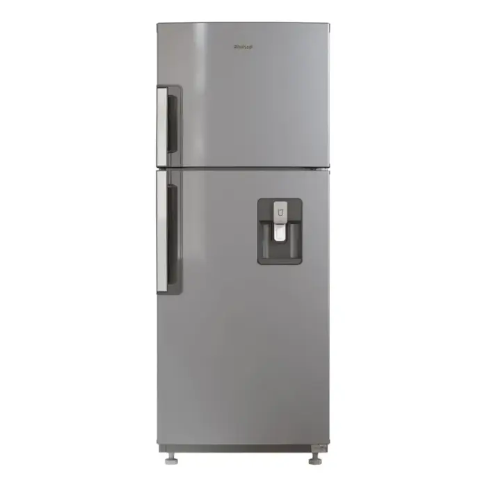 Nevera WHIRLPOOL 263 Litros No Frost Congelador Superior WRW25CKTWW Gris con dispensador de agua exterior.